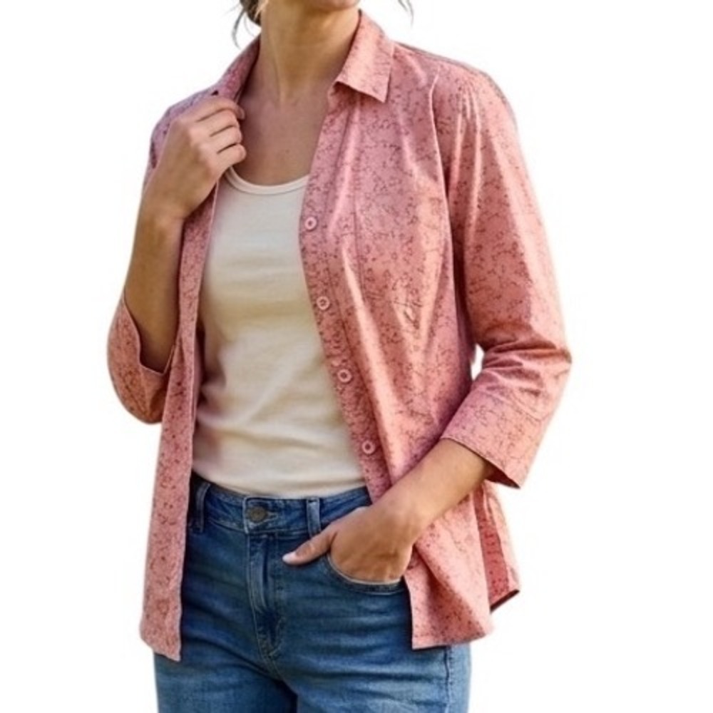Magellan Womens Large Coral Pink Floral 3/4 Sleeve Fitted Button Down Shirt